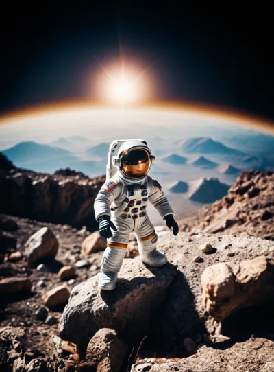 Astronaut Standing On A Rocky Alien Planet Surface
