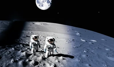 Two Astronauts Standing On The Lunar Surface