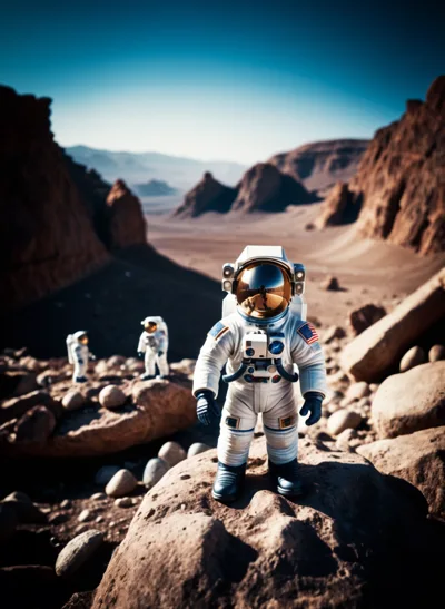 Astronauts Exploring A Rocky Martian Landscape