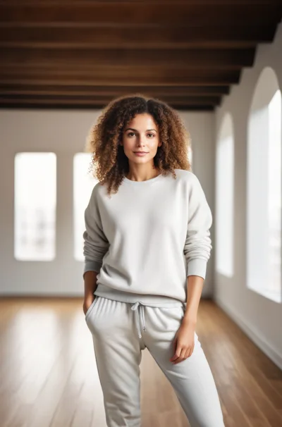 Young Woman With Curly Hair Standing In Bright Studio