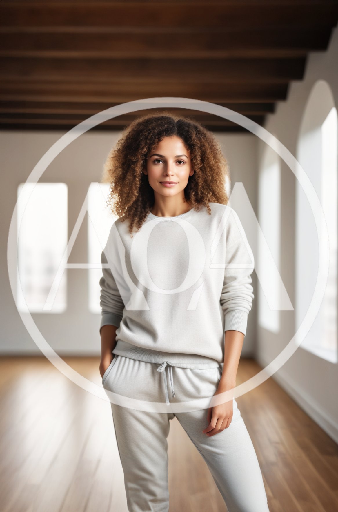 Young Woman With Curly Hair Standing In Bright Studio