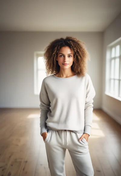 Young Woman Standing In A Bright Empty Room