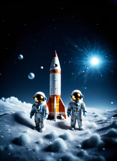 Two Astronauts Standing Near Rocket On Lunar Surface