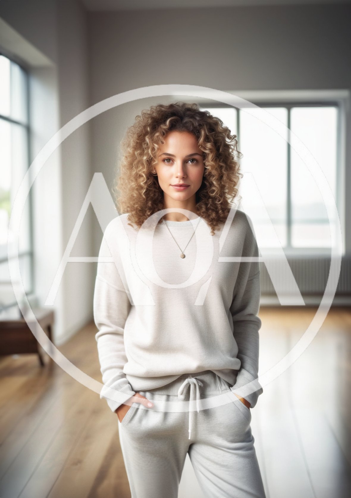 Young Woman With Curly Hair Standing In Bright Room