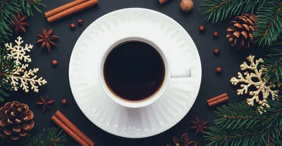 Top View Of Coffee Cup With Christmas Decorations
