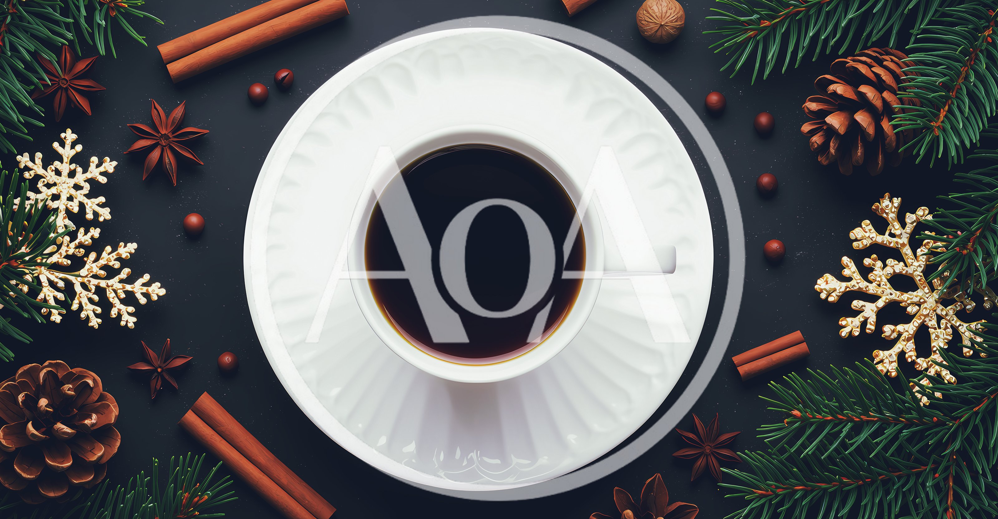 Top View Of Coffee Cup With Christmas Decorations