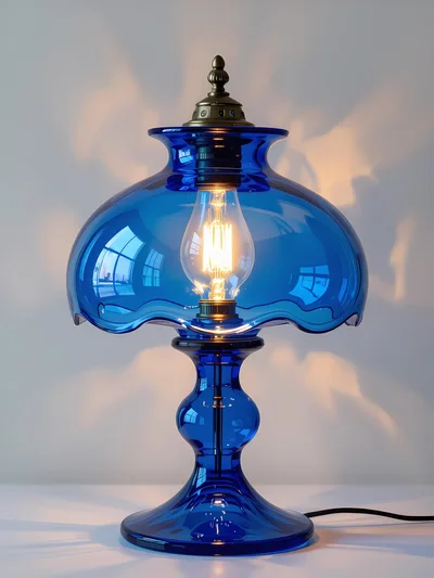 Vintage Blue Glass Table Lamp With Edison Bulb