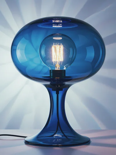 Modern Blue Glass Table Lamp With Glowing Filament Bulb