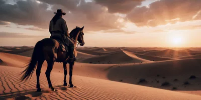 Lone Cowboy Riding Horse Across Vast Desert Dunes