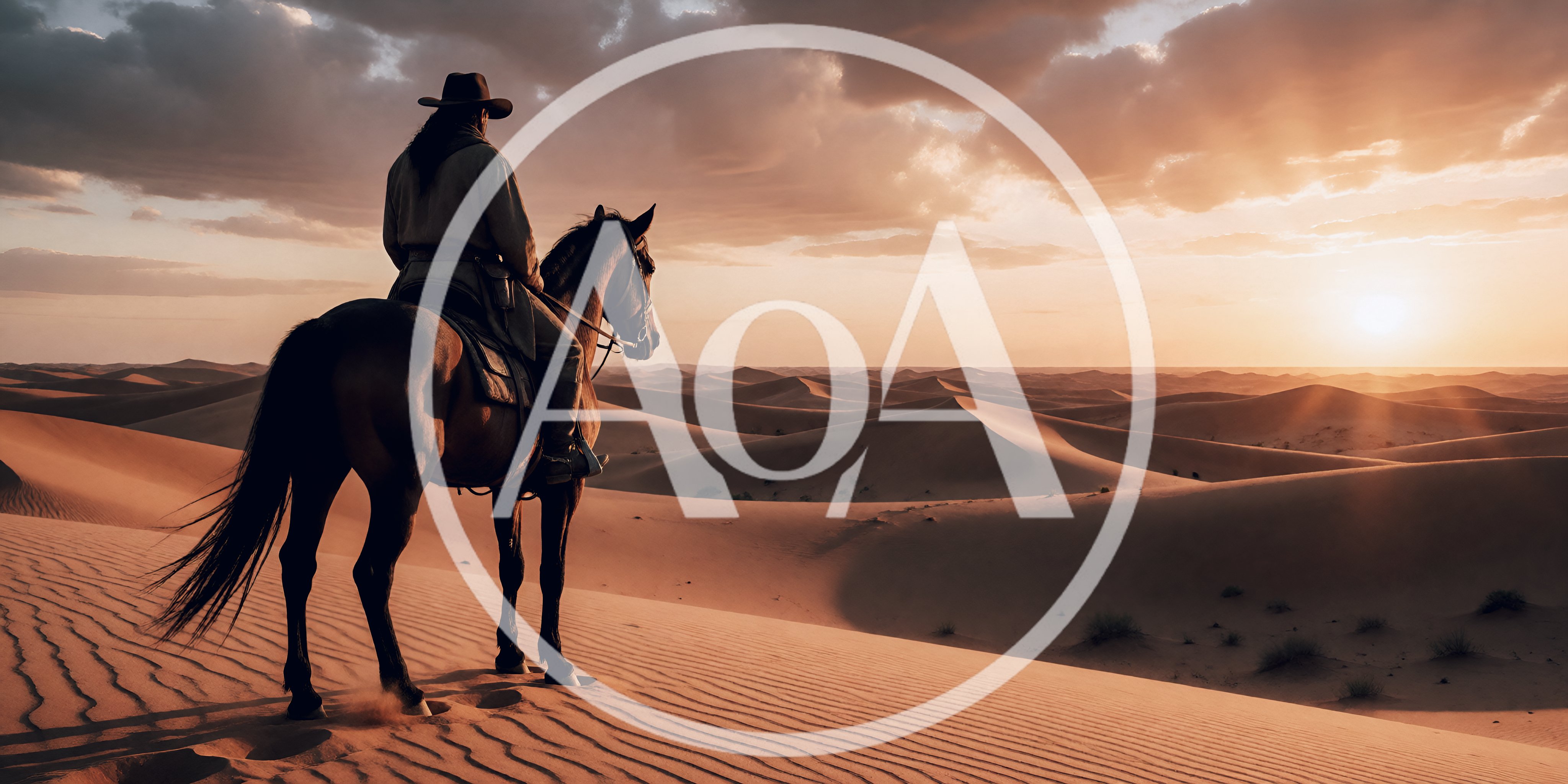 Lone Cowboy Riding Horse Across Vast Desert Dunes