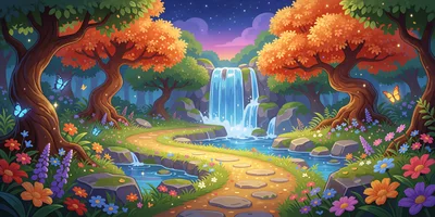 Enchanted Forest Waterfall With Stone Path And Flowers