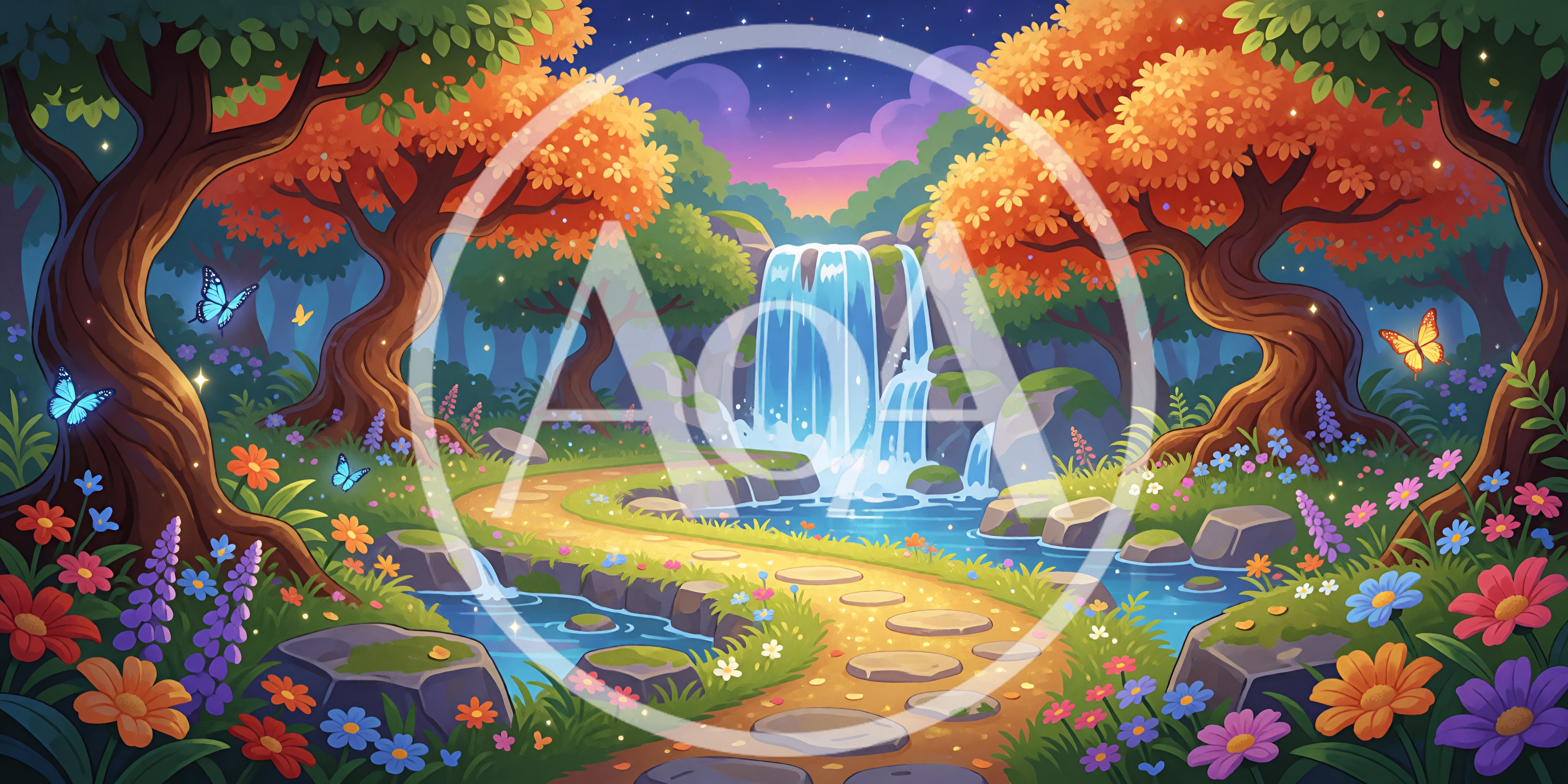 Enchanted Forest Waterfall With Stone Path And Flowers