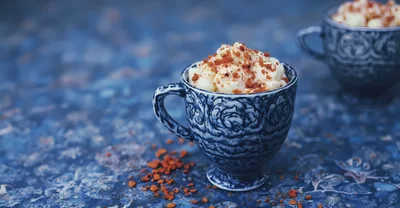 Two Ornate Blue Cups Filled With Creamy Dessert