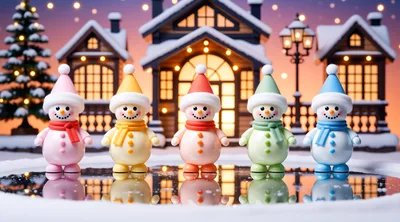 Five Colorful Snowman Figurines In A Winter Village