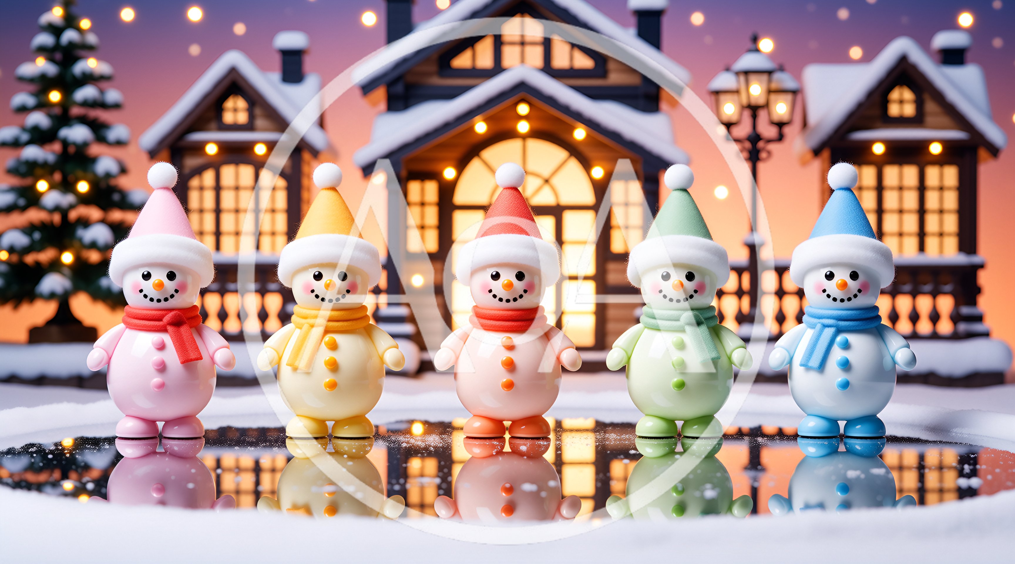 Five Colorful Snowman Figurines In A Winter Village