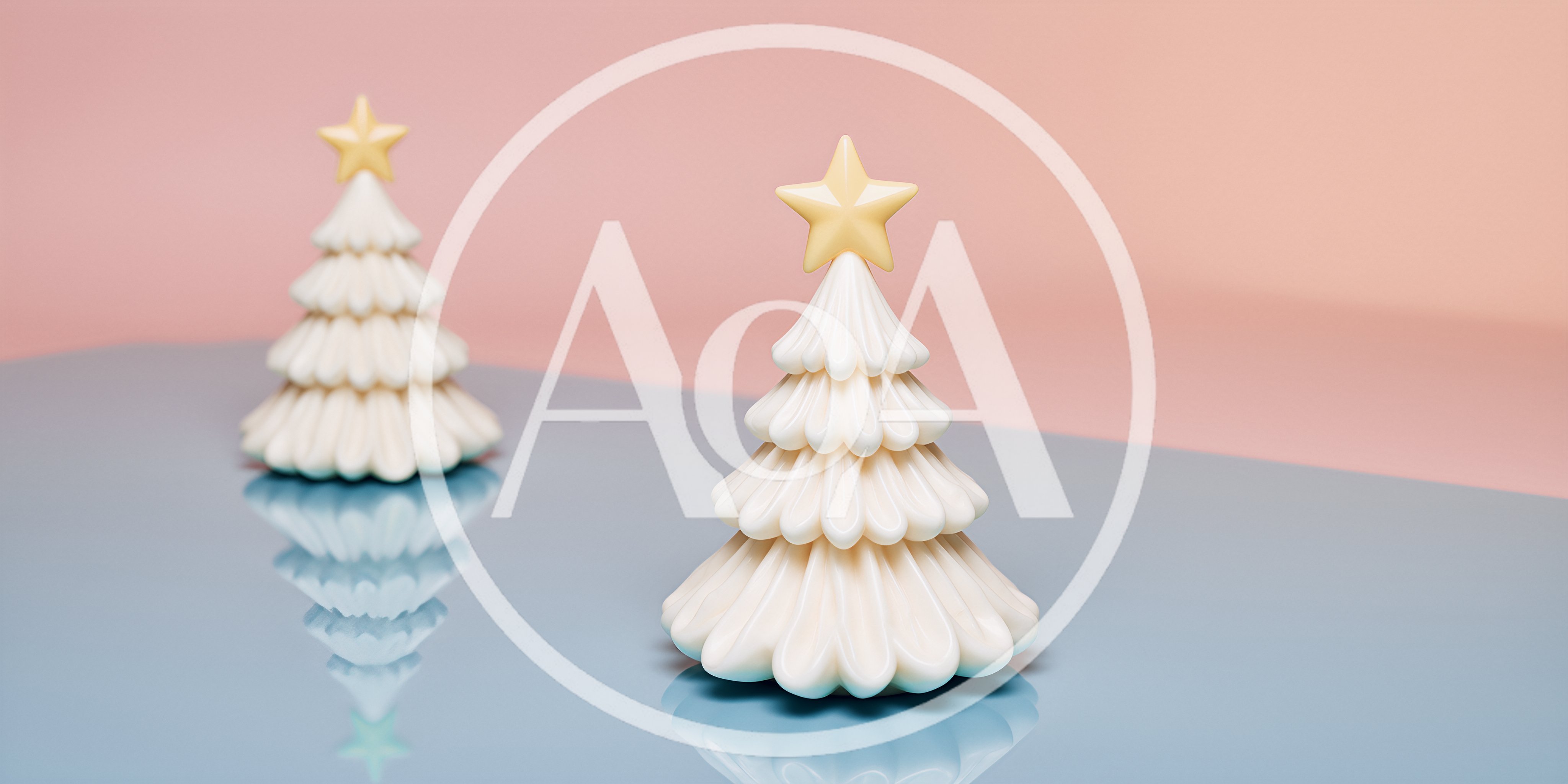 Two Decorative Ceramic Christmas Trees on Reflective Surface