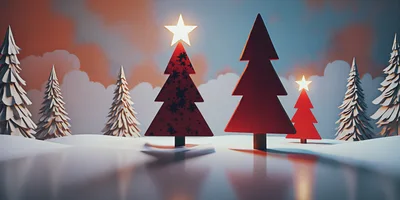 Stylized Red Christmas Trees In Snowy Landscape