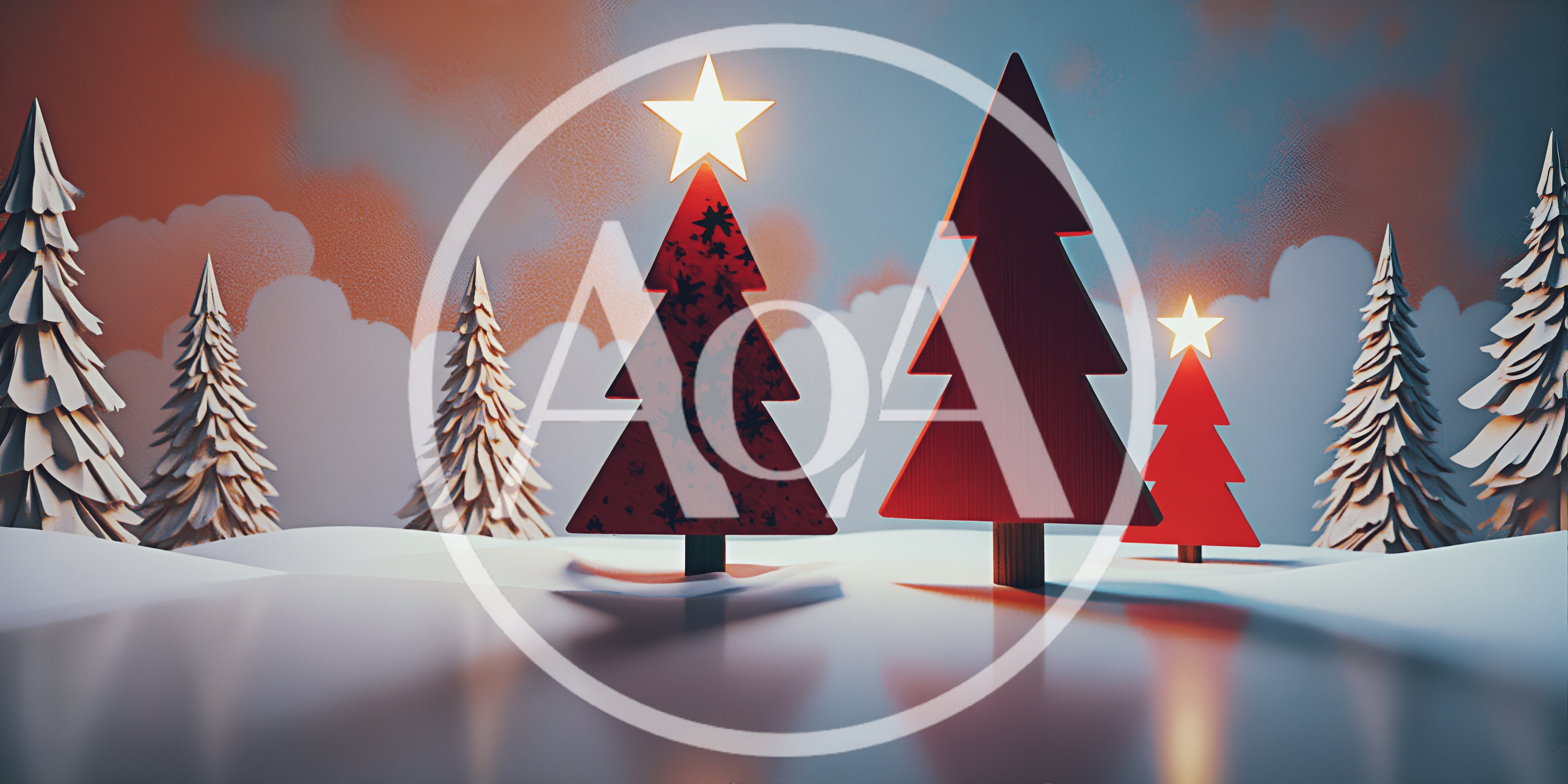Stylized Red Christmas Trees In Snowy Landscape