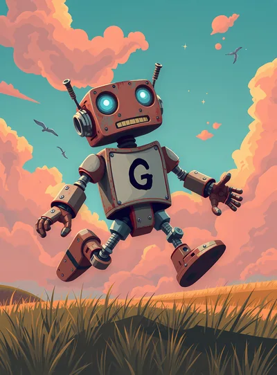 Cute Rusty Robot Running Through A Grassy Field