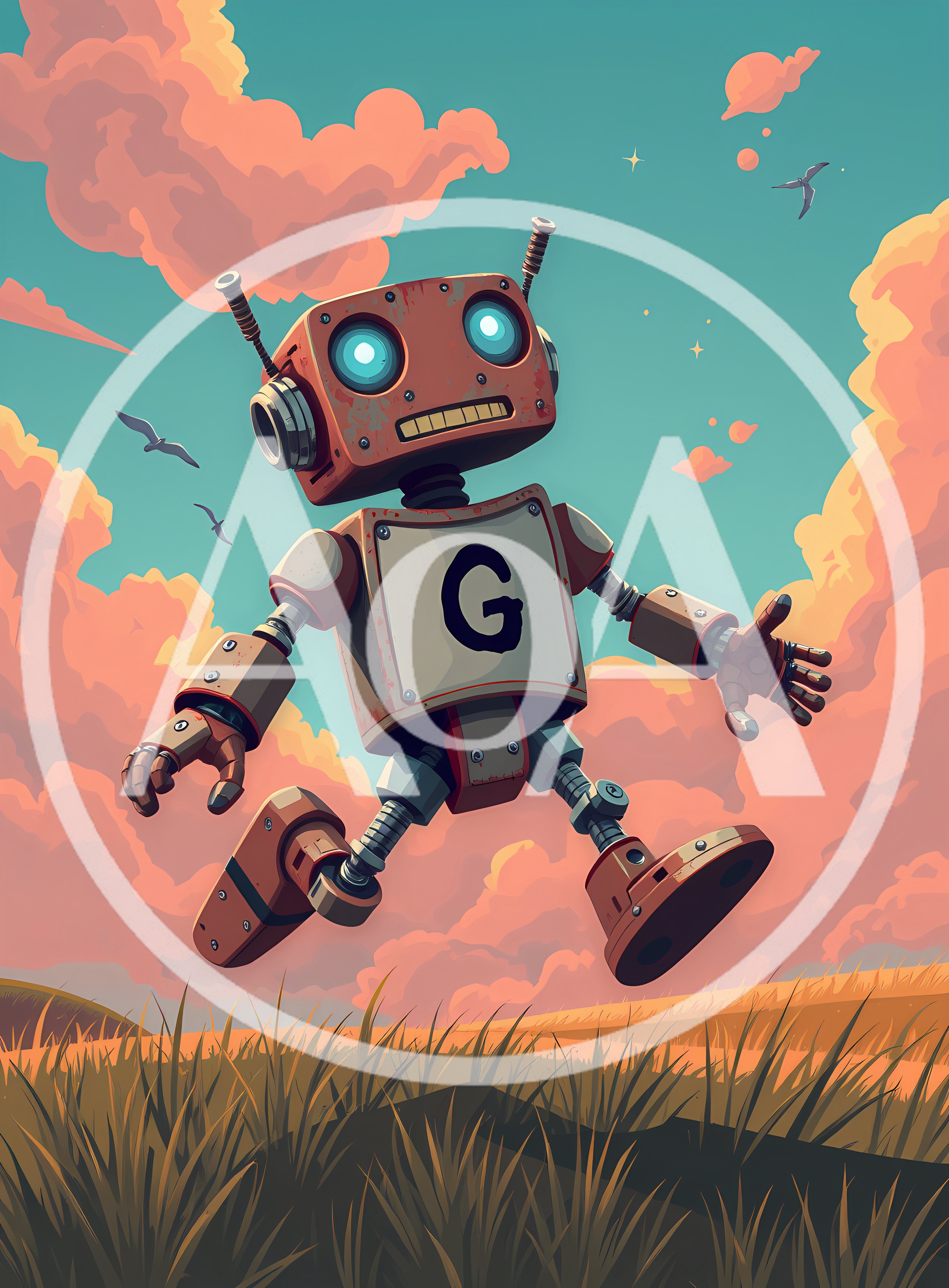 Cute Rusty Robot Running Through A Grassy Field