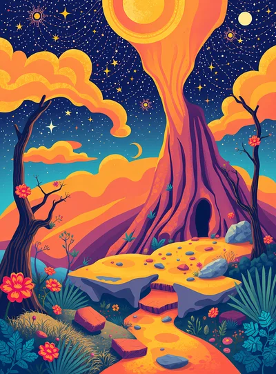 Surreal Fantasy Landscape With Glowing Mountain And Celestial Sky