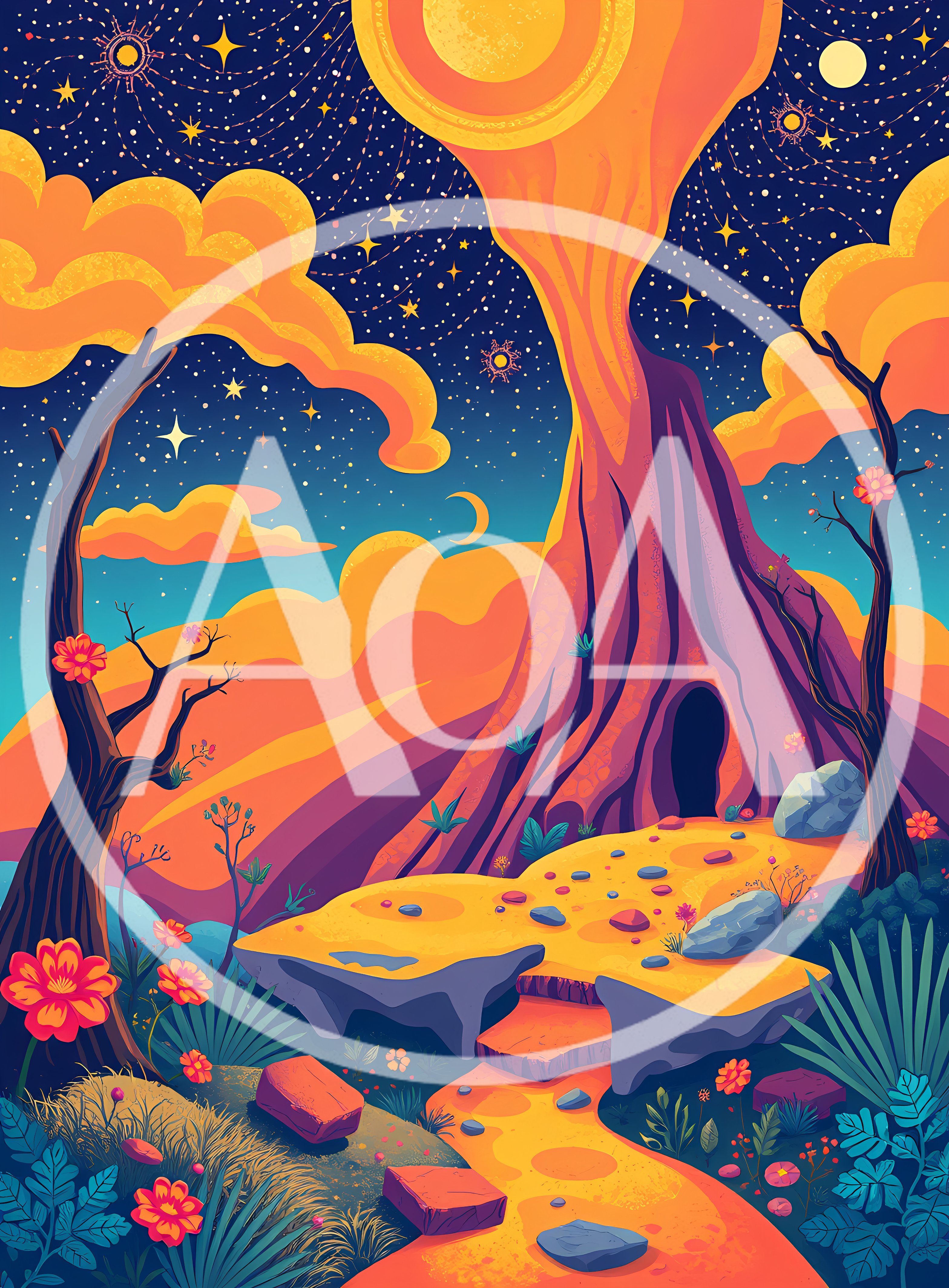Surreal Fantasy Landscape With Glowing Mountain And Celestial Sky