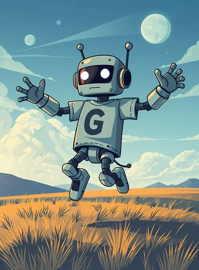 Cute Cartoon Robot Jumping In A Grassy Field