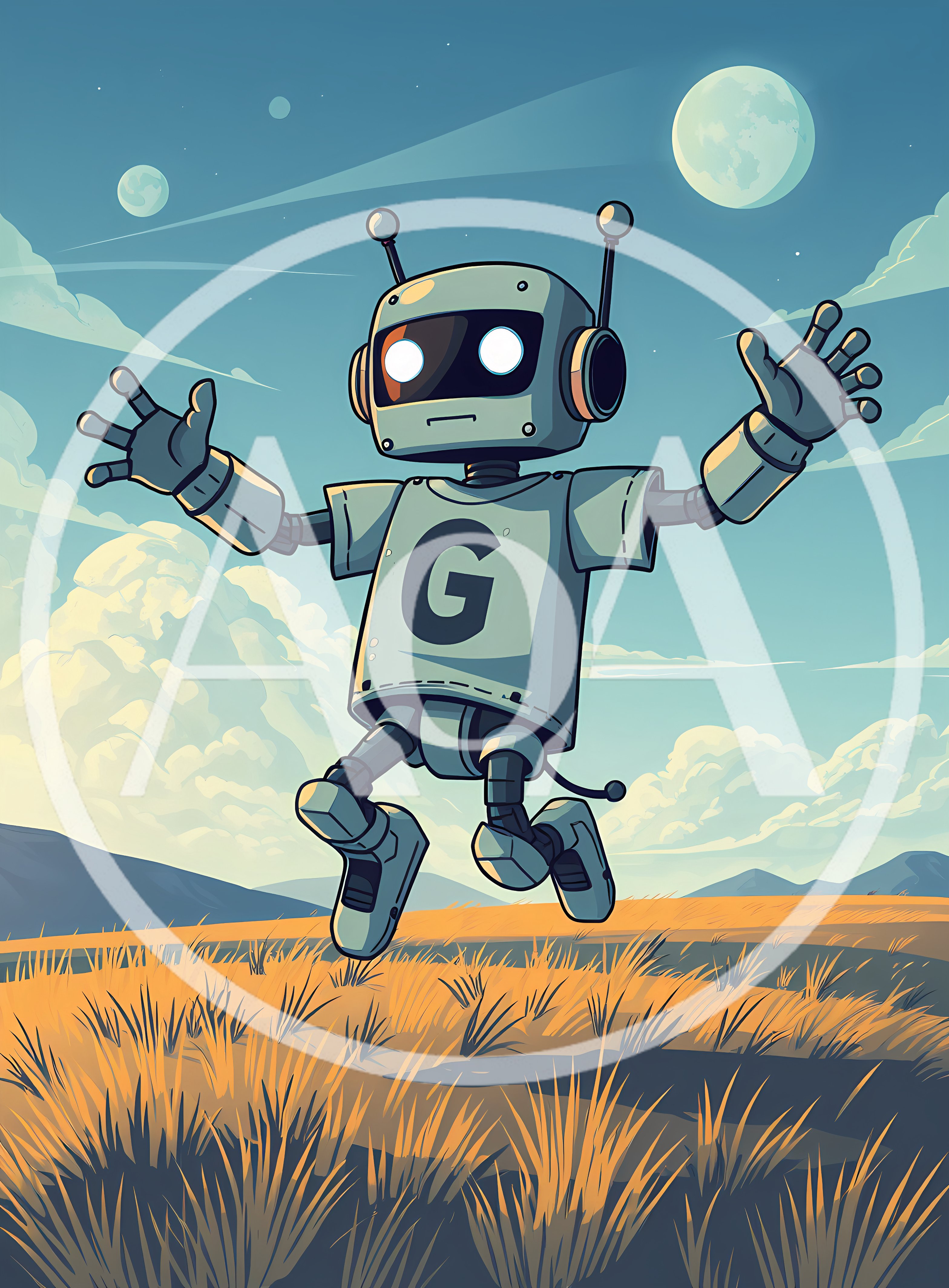 Cute Cartoon Robot Jumping In A Grassy Field