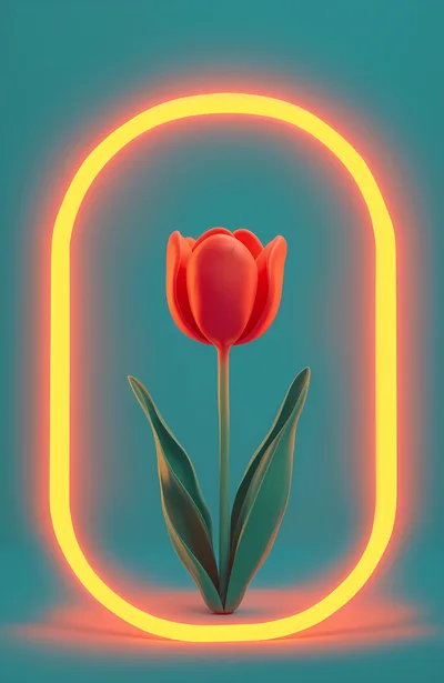 Red Tulip Inside Glowing Yellow Neon Frame