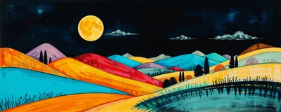 Vibrant Stylized Landscape Painting With Full Moon
