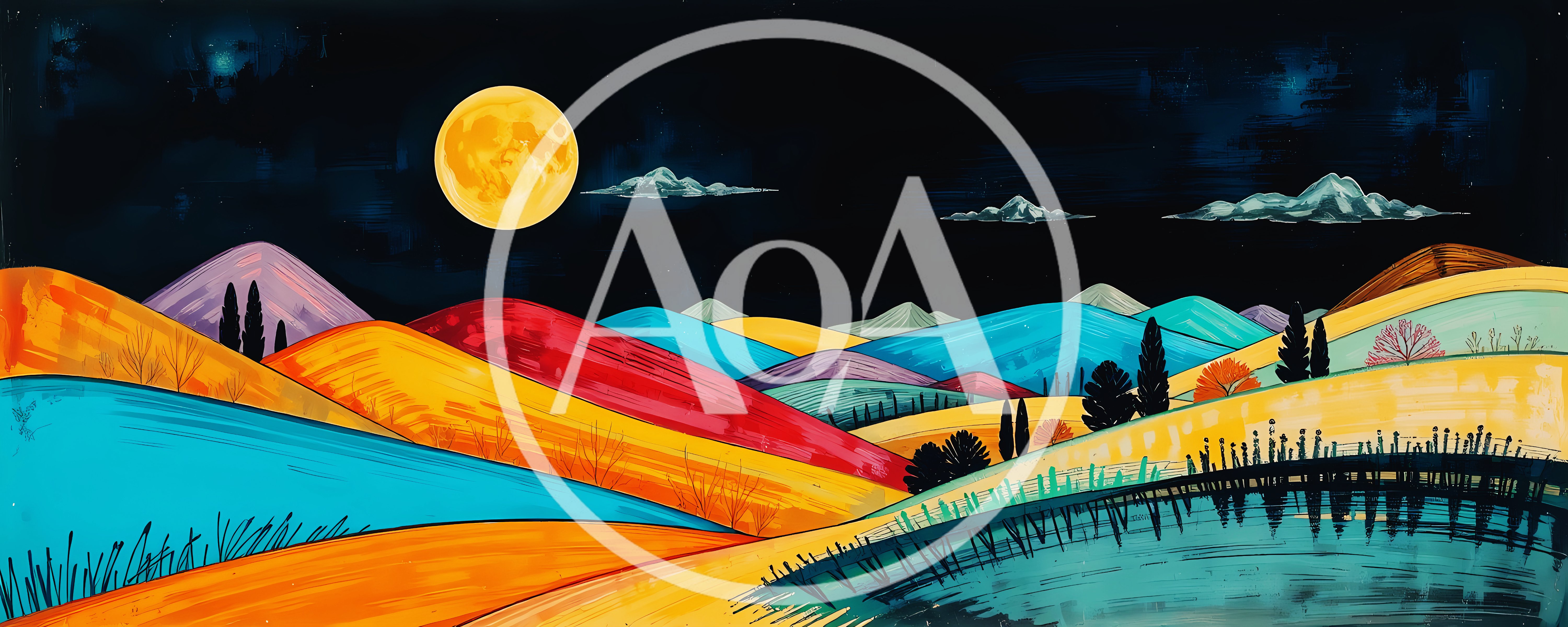 Vibrant Stylized Landscape Painting With Full Moon