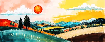 Stylized Watercolor Landscape With Mountains And Sun