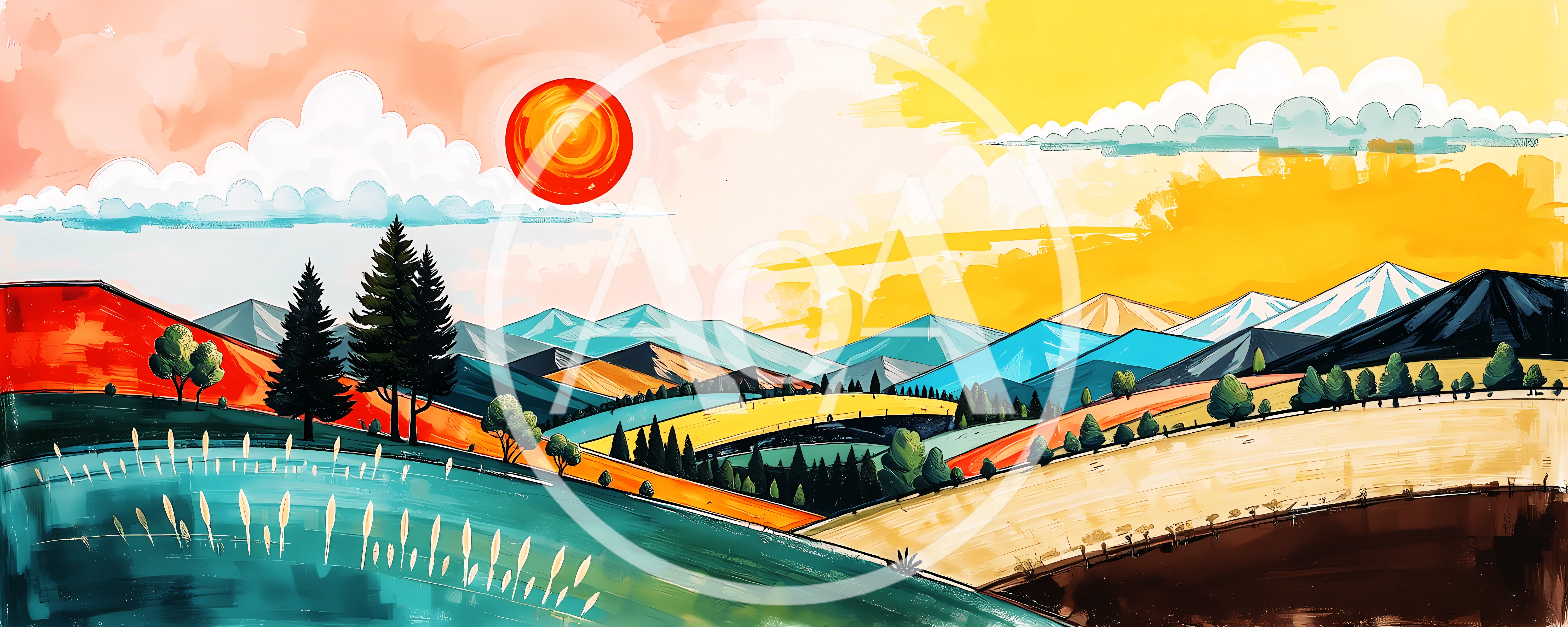 Stylized Watercolor Landscape With Mountains And Sun