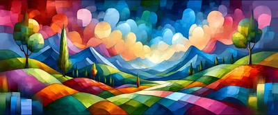 Abstract Colorful Landscape Painting With Rolling Hills