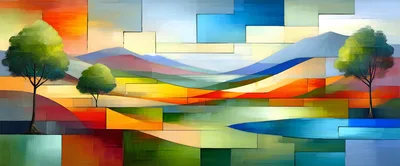 Abstract Geometric Landscape Painting With Three Trees