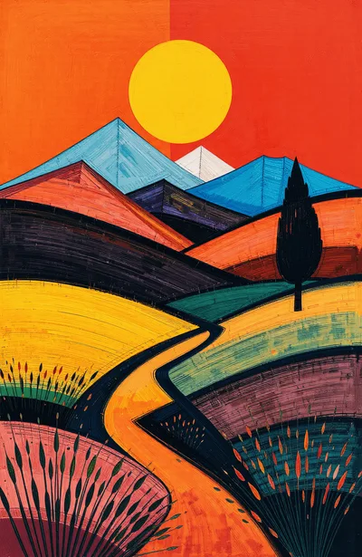 Abstract Landscape Painting With Vibrant Rolling Hills