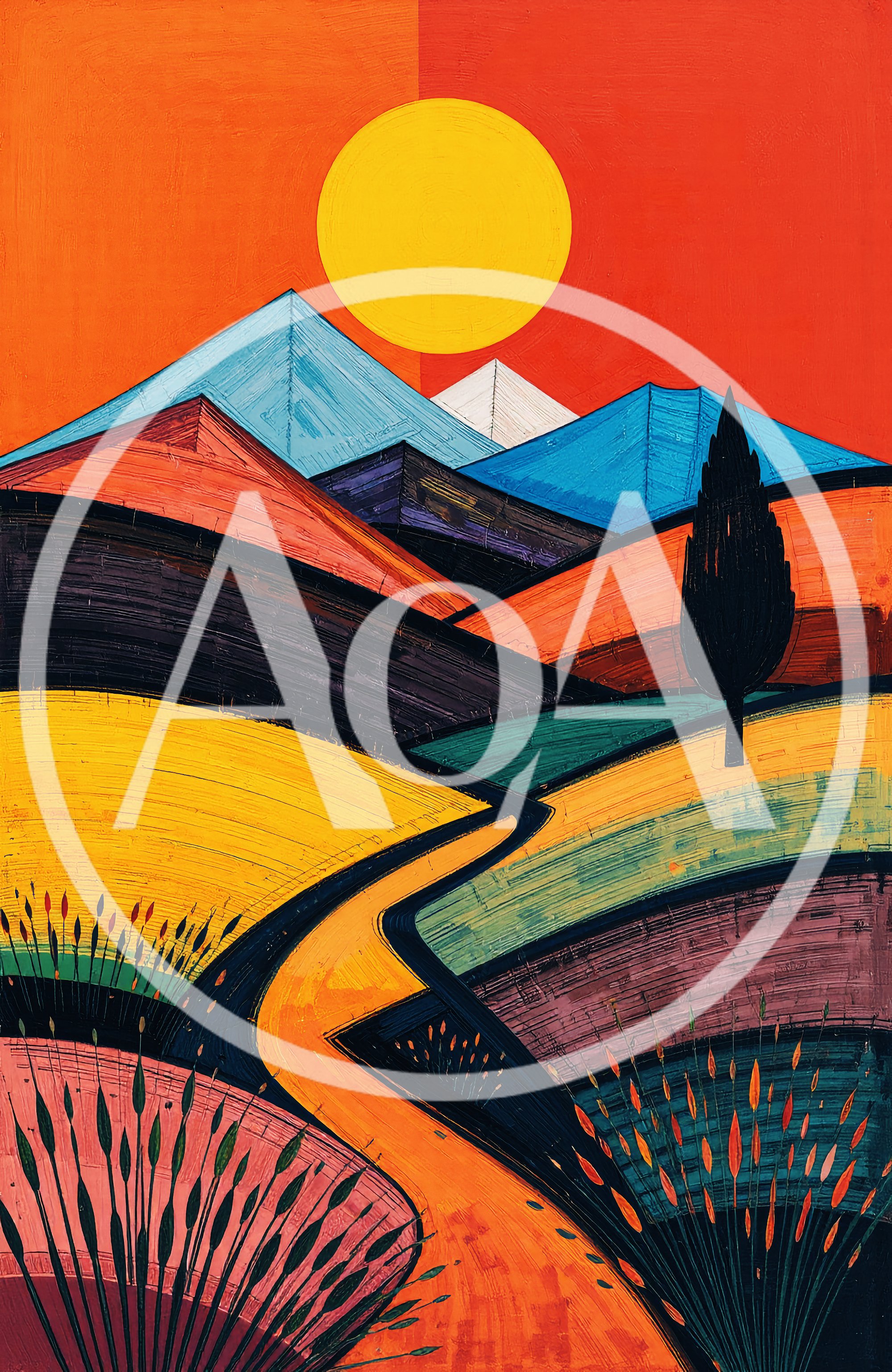 Abstract Landscape Painting With Vibrant Rolling Hills