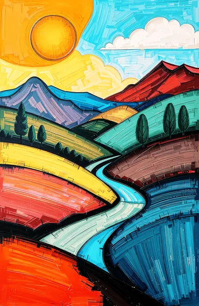 Abstract Impressionist Landscape Painting With Vibrant Colors
