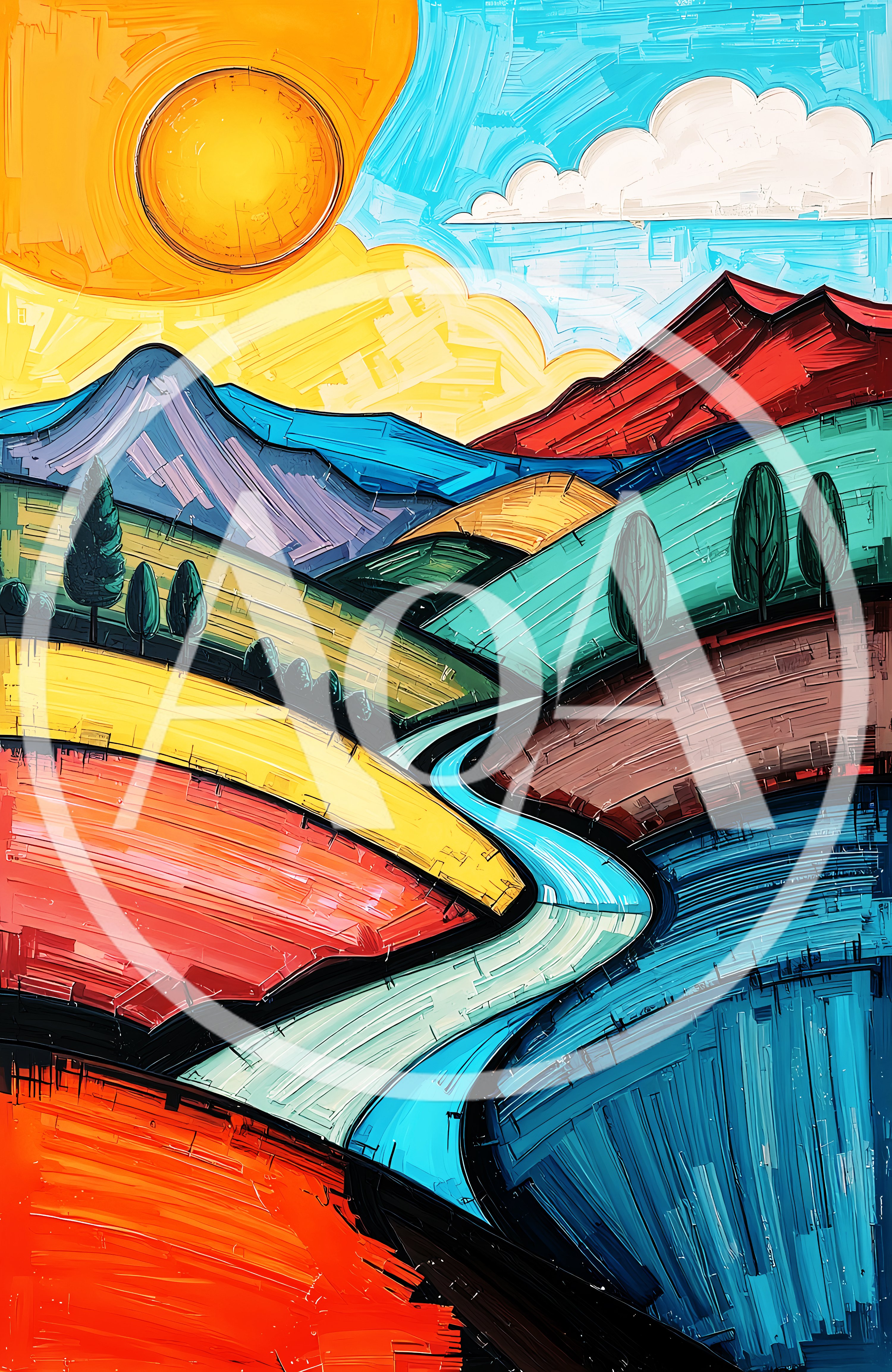 Abstract Impressionist Landscape Painting With Vibrant Colors