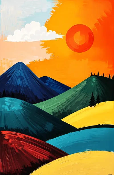 Abstract Digital Painting Of Colorful Rolling Hills And Sun