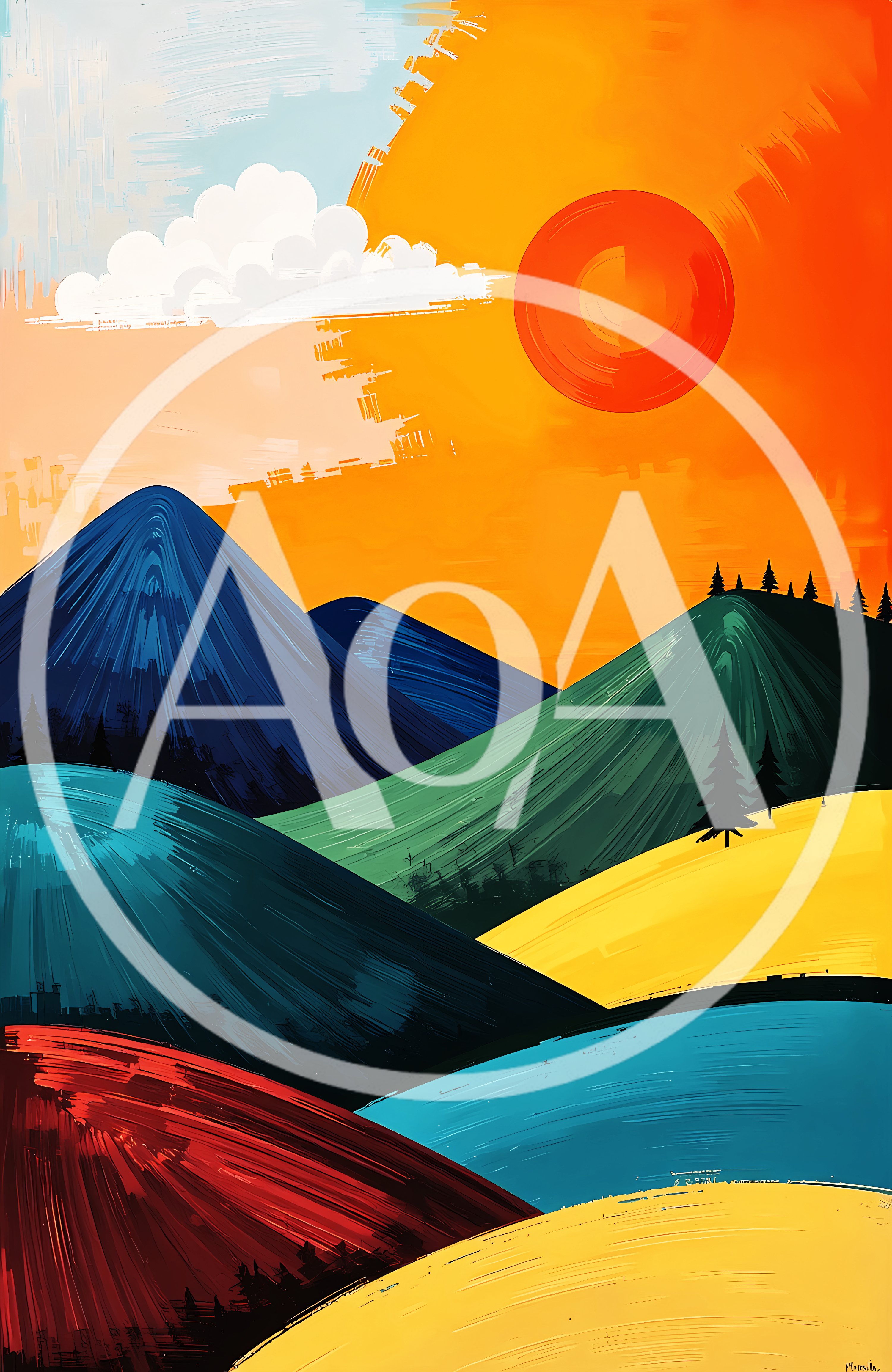 Abstract Digital Painting Of Colorful Rolling Hills And Sun