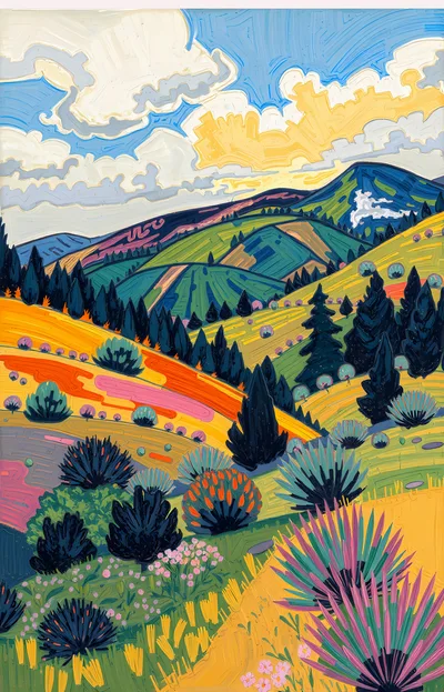 Stylized Impressionist Landscape Painting Of Rolling Hills