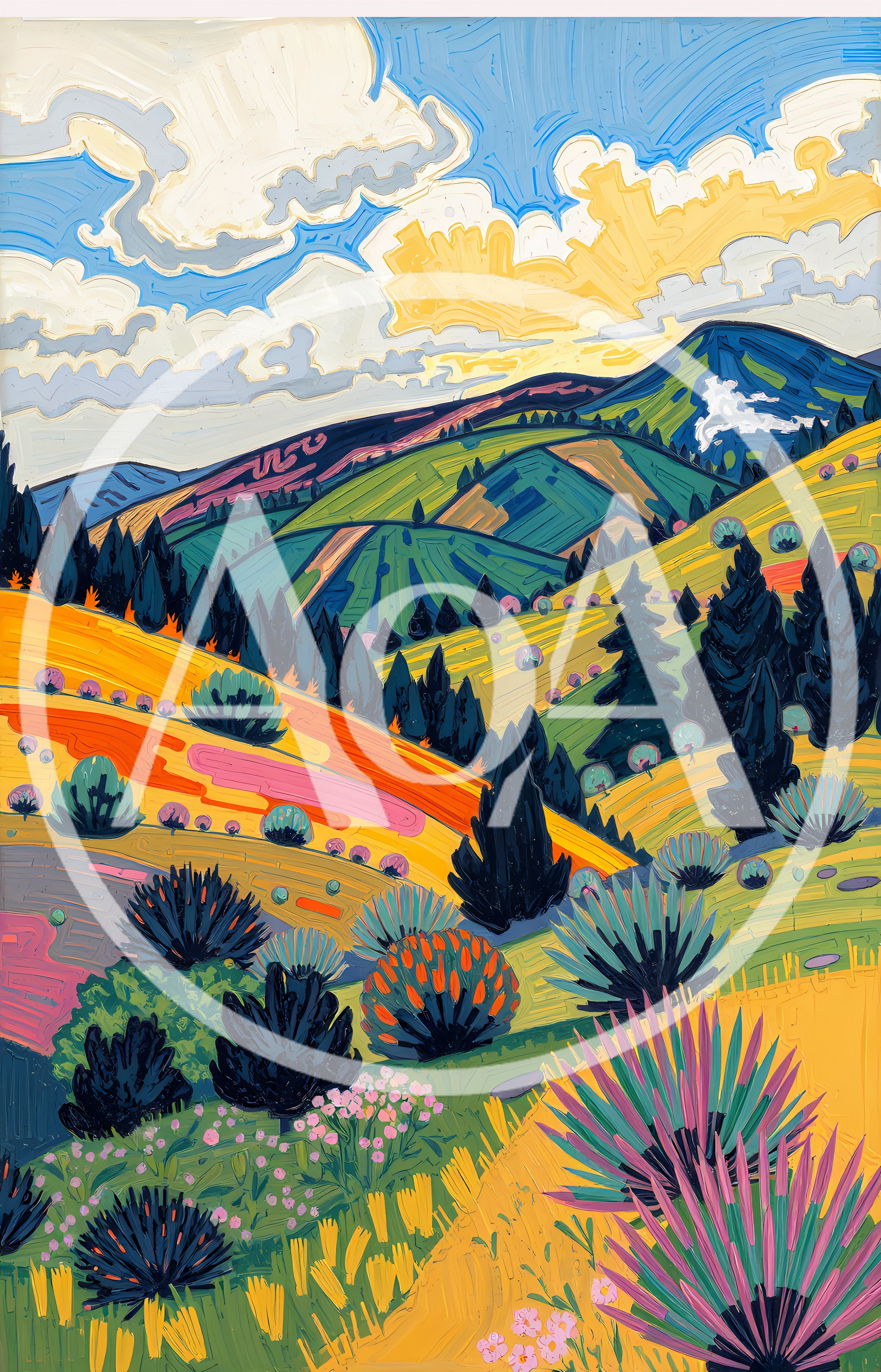 Stylized Impressionist Landscape Painting Of Rolling Hills