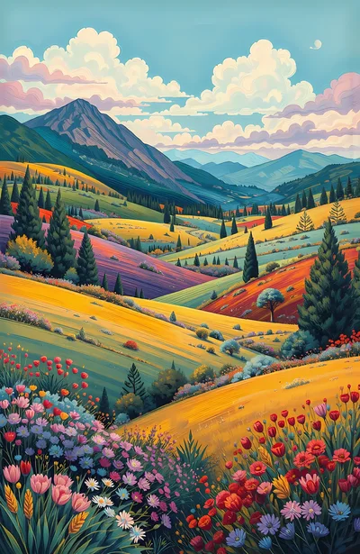 Vibrant Rolling Hills Landscape With Wildflowers And Mountains