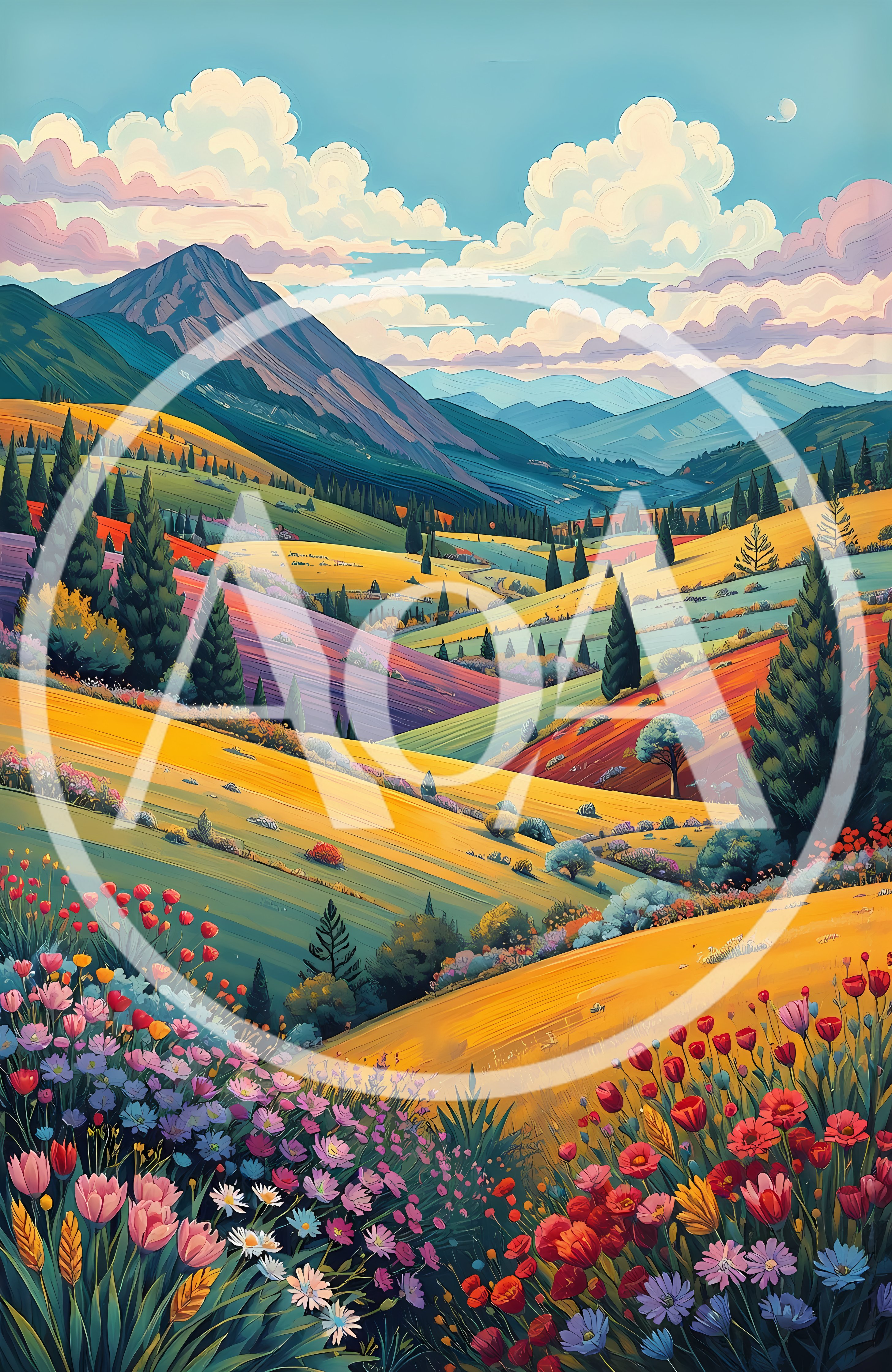Vibrant Rolling Hills Landscape With Wildflowers And Mountains