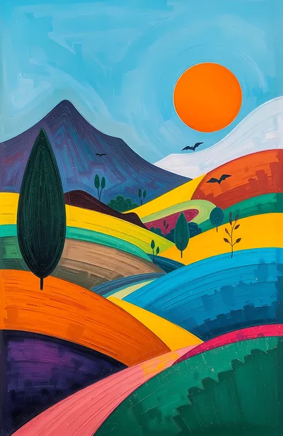 Abstract Impressionist Landscape Painting With Rolling Hills
