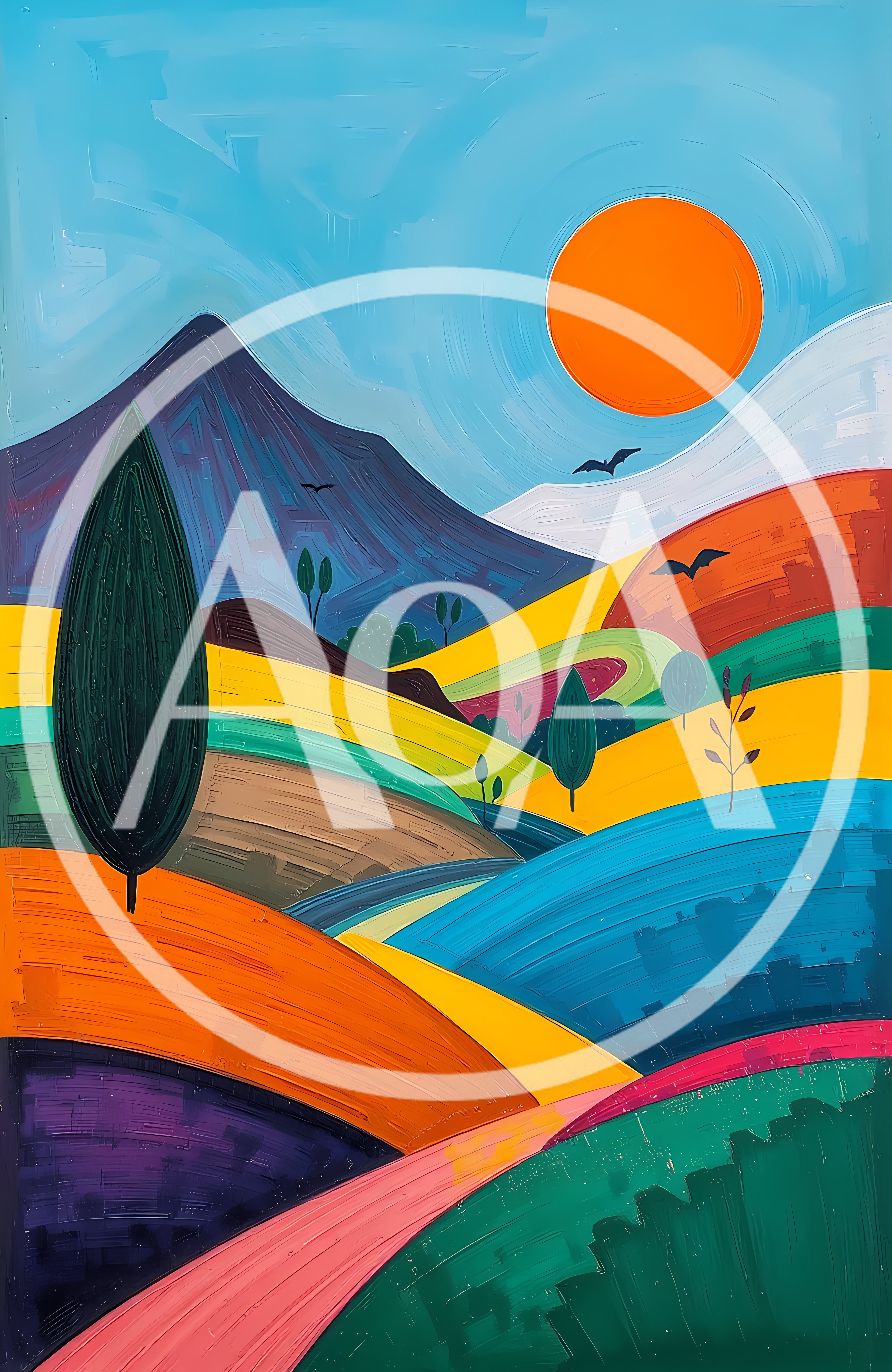 Abstract Impressionist Landscape Painting With Rolling Hills
