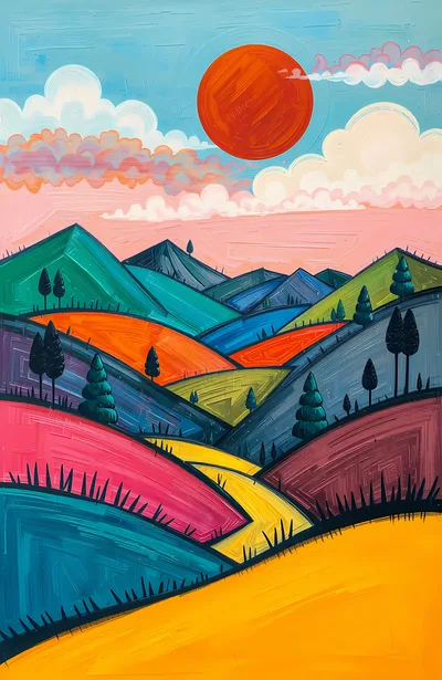 Stylized Colorful Landscape Painting With Rolling Hills