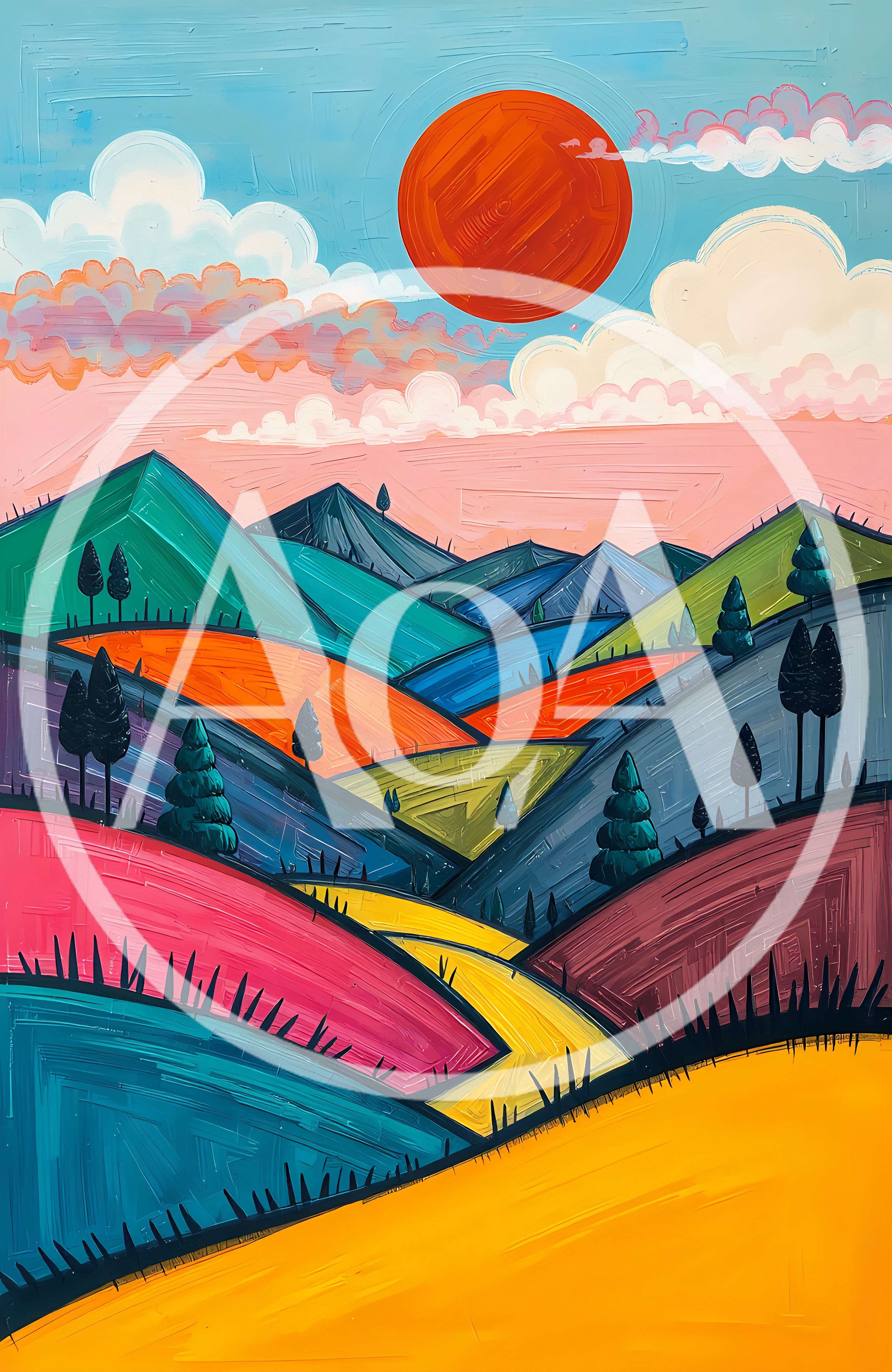 Stylized Colorful Landscape Painting With Rolling Hills