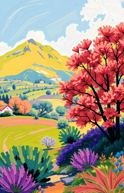 Vibrant Impressionist Landscape Painting Of A Mountain Valley